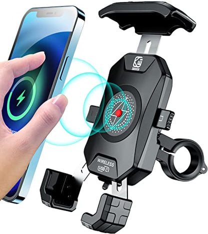 BRCOVAN Motorcycle Phone Mount Holder with Wireless & USB-C Charger | Qi 15W & PD 20W, 1s Locking Design Cellphone Clip with Aluminum Alloy Handlebar Mounting Base for 4'' - 7'' Smartphones