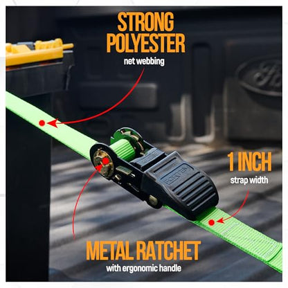 FORTEM Ratchet Straps, Tie Down Strap Set 1650lb Break Strength, 4 Pack 15ft x 1in, 4 Soft Loops, Moving Straps Tie Downs, Cargo Cam Buckles for Trucks, Carry Bag, for Men - color: Green