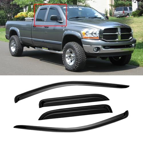 Window Visor for 2002-2008 Dodge Ram 1500 Quad Cab/Extended Cab/ 03-09 Dodge Ram 2500 3500, Out-Channel Rain Guards Shields Vent Deflector Shade Wind Dark Smoke,Outside-Mount, 4PCS - style: For 2002-2009 | Ram | Quad Cab/ Extended Cab | Out-Channel