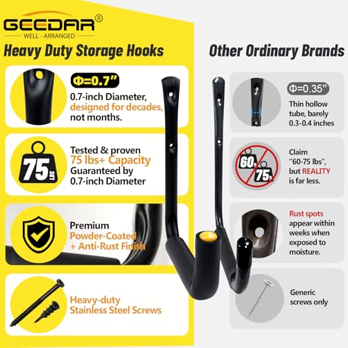 GEEDAR Heavy Duty Garage Storage Hooks -75 LB Capacity, 6packs, 9.8" Wall Mounted Rack for Hanging Paddle Board, Ladders, Bikes Enforced Kayak Storage Hanger - size: Medium (9.8", 6 packs）