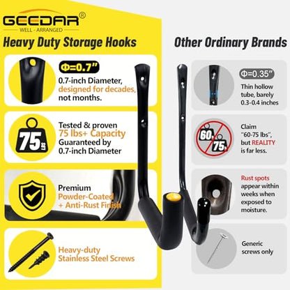 GEEDAR Heavy Duty Garage Storage Hooks -75 LB Capacity, 6packs, 9.8" Wall Mounted Rack for Hanging Paddle Board, Ladders, Bikes Enforced Kayak Storage Hanger - size: Medium (9.8", 6 packs）