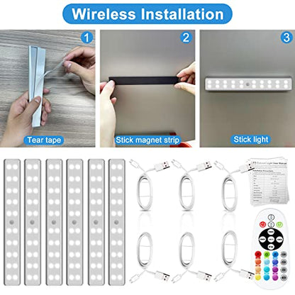 Under Cabinet Lighting Wireless with Remote, 48 LED Rechargeable Under Cabinet Lights, Kitchen Counter Lights Dimmable LED Closet Light RGB Bar for Shelf, Car, Hallway, 15 Color Changing, 6 Pack - style: 6 Pack