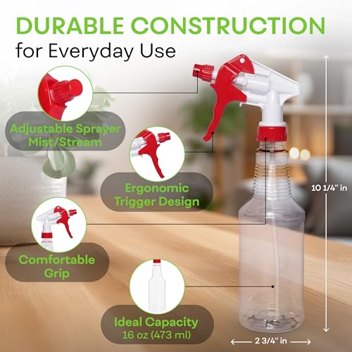 BRIGHTFROM Plastic Spray Bottle, 16 OZ Empty, Adjustable Trigger Spray Fine to Stream - Leak Proof, Clear, Refillable, Heavy Duty for Hair Salons, Cleaning, Cooking (Household/Commercial)