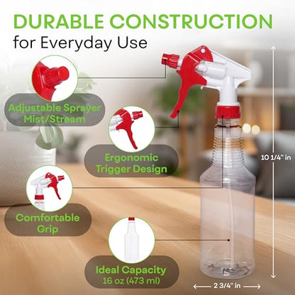 BRIGHTFROM Plastic Spray Bottle, 16 OZ Empty, Adjustable Trigger Spray Fine to Stream - Leak Proof, Clear, Refillable, Heavy Duty for Hair Salons, Cleaning, Cooking (Household/Commercial)