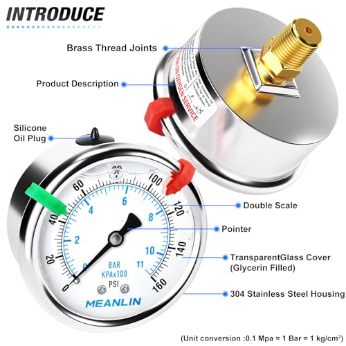 MEANLIN MEASURE 0~160Psi Liquid Filled Pressure Gauge 1/4" NPT 2.5" FACE DIAL Stainless Steel Glycerin Filled WOG Water Oil Air Back Mount (with 2PCS Snaps) - size: 0-160Psi