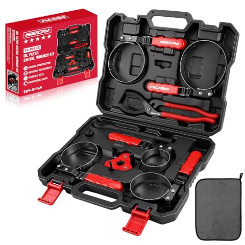 10-Piece Oil Filter Wrench Set 2-3/8"to 4-3/4", 12-Inch Adjustable Oil Filter Plier, Universal 3-Jaw Oil Filter Wrench, 1/2"Quick Release Ratchet Handle, 1/2"-3/8" Adapter, Towel in Storage Case