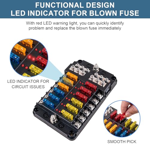 BetyBedy 12 Way Fuse Block, 12V Marine Fuse Box with LED Indicator, Automotive 12-Circuit Blade Fuse Block with Waterproof Cover for RV Motorcycle Boat Vehicle, 24PCS Fuses ＆ Tip Stickers Included - style: 12-Way