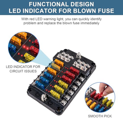 BetyBedy 12 Way Fuse Block, 12V Marine Fuse Box with LED Indicator, Automotive 12-Circuit Blade Fuse Block with Waterproof Cover for RV Motorcycle Boat Vehicle, 24PCS Fuses ＆ Tip Stickers Included - style: 12-Way