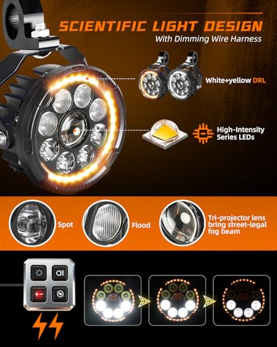 CO LIGHT 4.5 Inch Motorcycle Fog Lights 120W White/Yellow Auxiliary Lights Hi/Lo Beam Amber/White DRL with Amber Mask and Dimming Wiring Harness for Motorcycle ATV UTV ADV Night Riding - color: D040WY