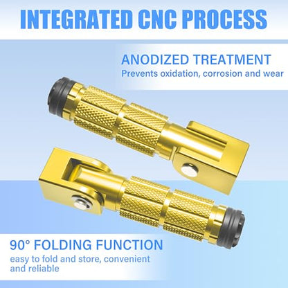 M8 Motorcycle Foot Pegs Folding Rearsets-90 Degree Foldable Footrest Fit 0.86-1.37in Brackets, Anti-Skid CNC Footpegs with Rubber Gasket for Pit Bike Dirt Bike Adventure Touring Bikes (Gold) - color: Gold
