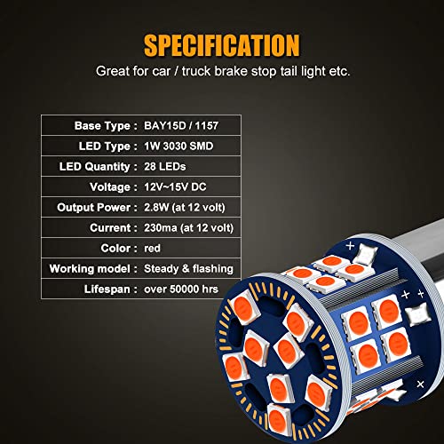 EBAIFUN Flashing 12V BAY15D 1157 LED Strobe Brake Light Brilliant Red Stop Tail Parking 2057 7528 1154 3496 2057A 1157A Dual Filament Base Replacement Bulb for Car Truck Motorcycle and Trailer 2-Pack