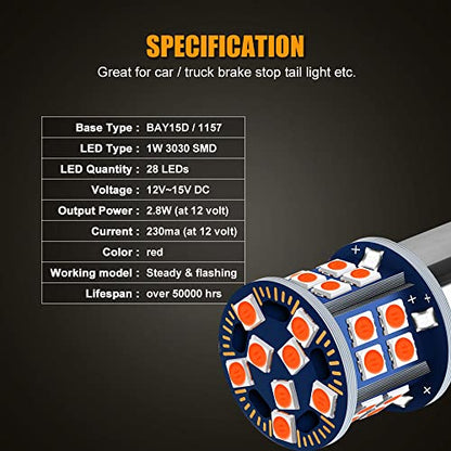 EBAIFUN Flashing 12V BAY15D 1157 LED Strobe Brake Light Brilliant Red Stop Tail Parking 2057 7528 1154 3496 2057A 1157A Dual Filament Base Replacement Bulb for Car Truck Motorcycle and Trailer 2-Pack