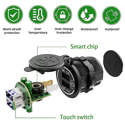 10L0L 12V USB Outlet Quick Charge 3.0 Dual USB Charger Socket with On/Off Switch & Blue LED, Waterproof Power Port for Golf Cart EZGO Club Car Yamaha UTV ATV Boat Truck Motorcycle - color: Dual USB