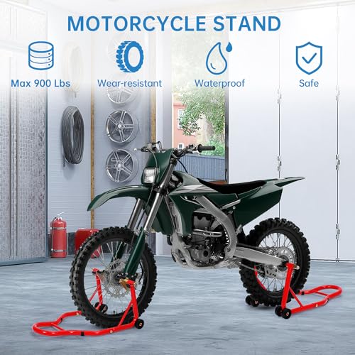 Motorcycle Front & Rear Stand Combo, Universal Wheel Lift Paddock Stand with Prong Adapters+L Adjustable Swingarm Spool, 900 LB Capacity Heavy Duty for Most Bikes,Red - color: Red