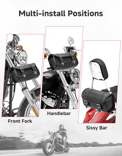 KEMIMOTO Motorcycle Fork Tool Bag 4-5L Expandable with Metal Quick-release Hook, PU Leather Adjustable Capacity Universal Saddlebag for Front Fork Handlebar Sissybar Storage Pouch Motorcycle Roll Bag - style: Metal Quick Release