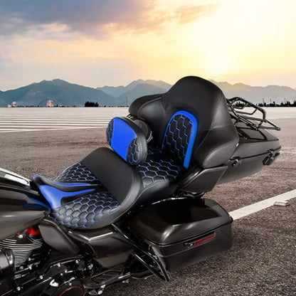 Extended Reach & Max Profile Seat Gel Rider Cushion with Rider Backrest and King Tour Pack Trunk Backrest Pad fit for Harley Touring Road King Street Glide Road Glide Electra Glide 09-2023 Black Blue - color: Gel Style A Blue Seat + 2 Backrest