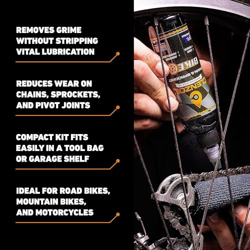 Clenzoil Chain & Sprocket Cleaning Kit - Chain Cleaner Lubricant Protectant (CLP) - Wet Lube Application, Dry Lube Performance - 4 oz Bottle, 0.5 oz Needle, Microfiber Towel & Chain Brush - size: Cleaning Kit