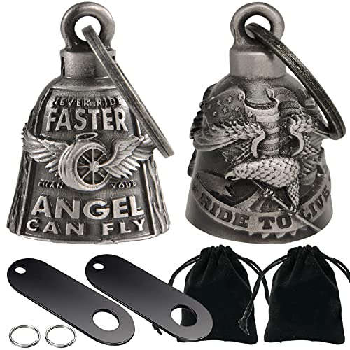 Dream Apparel 2 Pack Motorcycle Bells Guardian Angel for Biker Rider Men Women Ride Riding with Hangers, Drive Away Gremlins - color: Wing Wheel Bell + Ride to Live Bell
