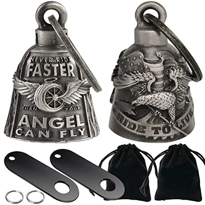 Dream Apparel 2 Pack Motorcycle Bells Guardian Angel for Biker Rider Men Women Ride Riding with Hangers, Drive Away Gremlins - color: Wing Wheel Bell + Ride to Live Bell