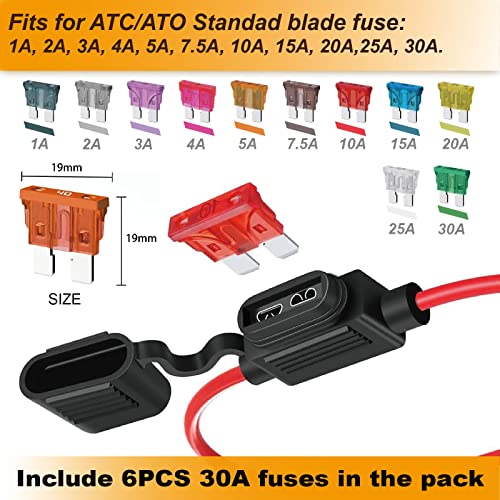 VANSIHO 12AWG Waterproof Inline Fuse Holder Kit (2-Pack) with 30A Blade Fuses - IP65 Rated, 30cm Length - for Automotive, Marine, Boat, RV, Motorcycle Electrical Systems