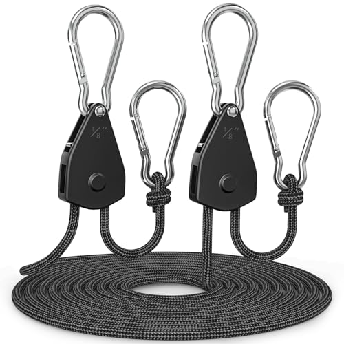 Fondwell 1/8" Adjustable Rope Hangers Ratchet: 2 Pack of Plant Pulleys for Hanging Plants Heavy Duty - Tie Down Straps with Pulley System - size: 1/8" 2-Pack