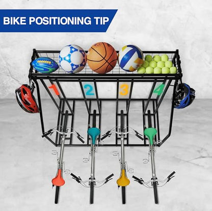 YES4ALL 4-Bike Stand, Bike Storage Rack, Bicycle Floor Rack for Garage Organizer, Indoor Sporting Gear Storage Station