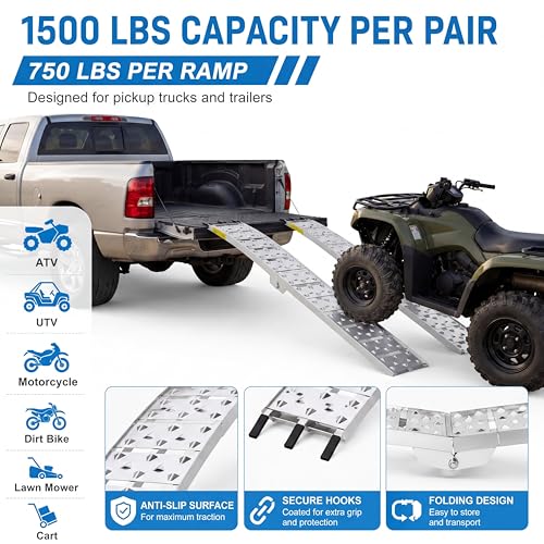 7.5FT Aluminum Loading Ramps Set, 1500 lb Capacity Folding Truck Ramps with Load Straps, Portable ATV UTV Motorcycle Ramp Pair with Anti-Slip Surface for Lawn Mower, Dirt Bike, 2PCS