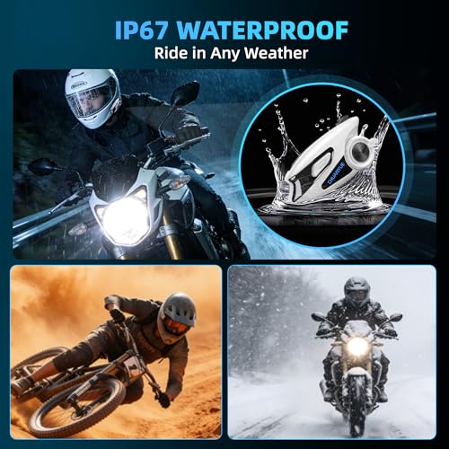 Motorcycle Bluetooth Headset with 43mm Helmet Speakers, 2-Way Helmet Intercom Communication System with Noise Cancellation, Music Sharing, FM, IP67 Waterproof (White,1-Pack) - color: White