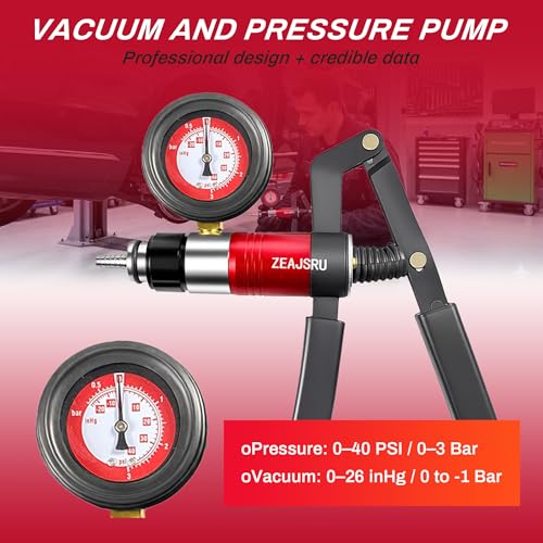 Handheld Vacuum Pump Brake Bleeder Kit, Multi-Functional Vacuum & Pressure Tester Set with Gauge, Hoses, Adapters and Fluid Reservoirs, for Automotive Brake, Clutch and Fluid Extraction ((23PC-Red))
