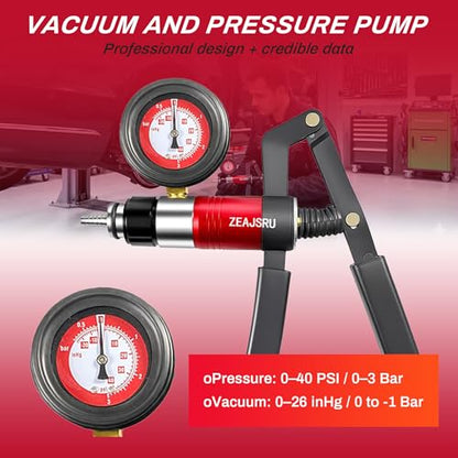 Handheld Vacuum Pump Brake Bleeder Kit, Multi-Functional Vacuum & Pressure Tester Set with Gauge, Hoses, Adapters and Fluid Reservoirs, for Automotive Brake, Clutch and Fluid Extraction ((23PC-Red))