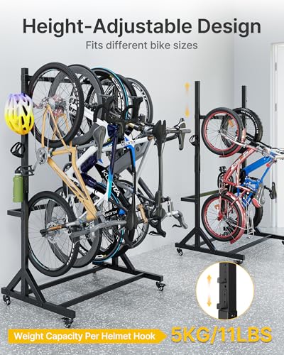 monTEK Freestanding Bike Storage Rack for 5 Bikes, Heavy Duty 350LBS Vertical Bike Stand with 5 Bike Hooks & 6 Helmet Hooks, Indoor and Outdoor Bike Storage Rack with Locking Casters - size: 5 Bike Rack