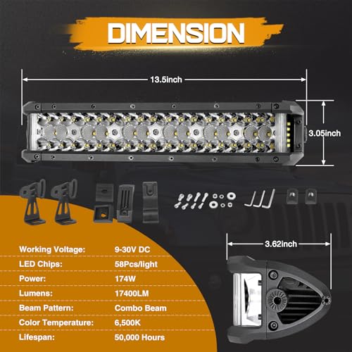 13.5 Inch LED Light Bar, 174W Side Shooter Triple Row LED Pods Off Road Bumper Bar Spot Flood Combo Driving Fog Lights for Trucks ATV UTV SUV Pickup Boat Tractor - size: 13.5 Inch