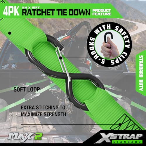 XSTRAP STANDARD Ratchet Tie Down Straps - 4 Pk - 1'' x 15 Ft 1890 Lbs Break Strength-Cargo Straps with Integrated Soft Loops, Padded Handles & Coated S Hook W/Safety Clip for Motorcycle, Truck (Green) - size: Green-1890 lbs
