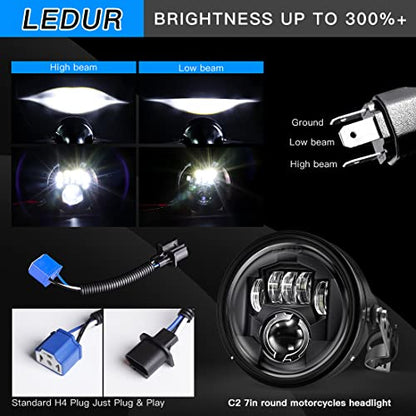 LEDUR 7 Inch LED Motorcycle Headlight DOT Approved High Low Beam Round Headlamp with Housing Bucket Mount Brackets fit 34mm~42mm O.D. Fork, for Street Tracker Scrambler Cafe Racer Chopper Bobber - size: C2 7In HI/LOW Motorcycle Headlight