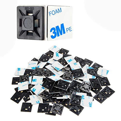 XHF 200 PCS 1/2" Black Self Adhesive Cable Zip Tie Mounts Wire Cable Clips Holders Management Anchors Organizer Holders Squares(HS-100) - color: Black, size: 1/2"-200pcs