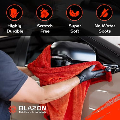 BLAZON Redline XL Car Drying Towel - Ultra Premium 1300 GSM Microfiber Drying Towel - Max Absorption, Streak-Free Finish, Super Soft Twisted Loop Design - Dries Full Vehicle - Extra Large 2 x 3 ft