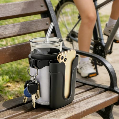 3-in-1 Bike Cup Holder with Cell Phone Keys Hook -Universal Water Bottle Holder for Walker/Wheelchair/Stroller/Scooter, Fits 0.87" Round Handlebar and 2.7" Cup Base,Black Gray - color: black gray
