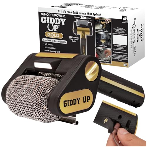 Horsepower Giddy Up GOLD Bristle-Free Spinning Grill Brush w/LED & Longer Run Time, Cordless/Rechargeable, 304 Stainless Steel Power Roller Blasts Away Burnt-On Food, No Bristles No Preheating 350 RPM - style: Extra Battery Life