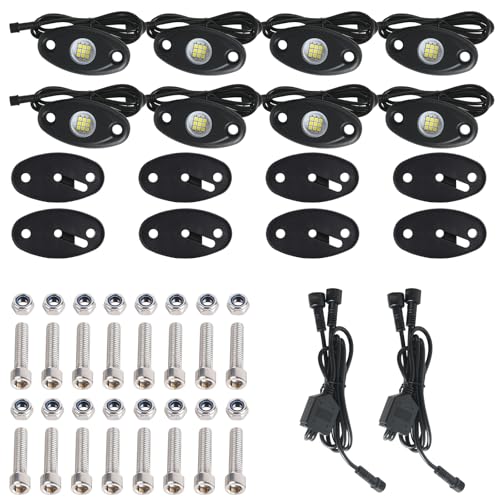 24pods White Rock Lights kit Dc 12v-80v 6000k Aluminum Pure White Led Rock Lights with Switch Wiring Harness Kit Ip68 Waterproof for Trucks Pickup Offroad Car SUV Utv ATV Rv Fends Underglow Lights - color: White-24Pcs + Switch Wiring Harness
