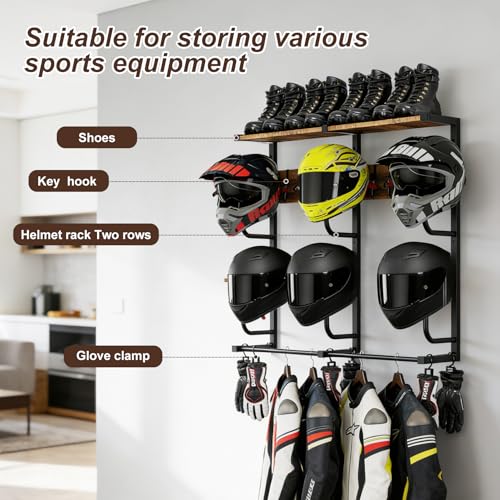 6-in-1 Motorcycle Helmet Rack with Hooks & Shelves, Helmet Wall Mounted Organizer for 6 Helmets, Gear & Accessories, Heavy-Duty Storage for Garage & Entryway - size: Large