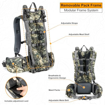 MOXULE Pro 3600 Camo Frame Backpack - Meat Hauler Pack with Rain Cover for Outdoor - color: Camo 60l
