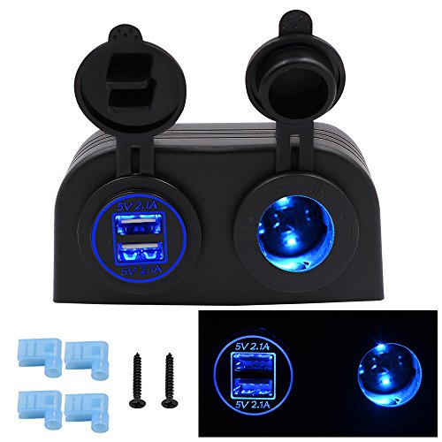 BlueFire Two Hole Tent Type Panel 4.2a Dual USB Charger + 12V/24V Cigarette Lighter Socket for Car Motorcycle Boat Marine ATV RV