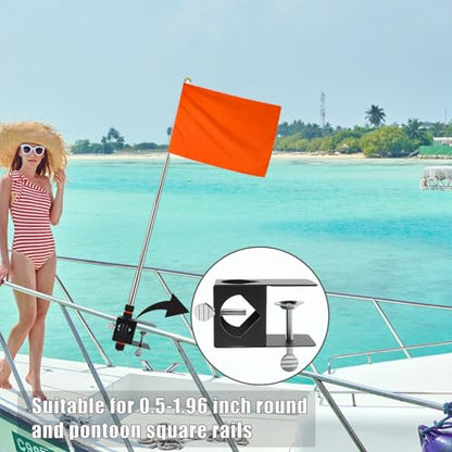 Orange Boat Flag 12" x 18" Floating Boat Flag Pole Kit Water Ski Boat Safety Flag Boating Tow Flag with 79" Metal Retractable Boat Safety Flagpole and Fix Base for Kayak Wakeboarding Watersports