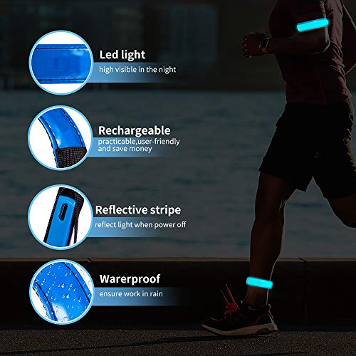 2 Pack Rechargeable LED Reflective Armband, High Brightness High Visibility Night Safety Light Band, Wearable Flashing LED Gear for Running, Walking, Biking and Outdoor Activities - color: blue