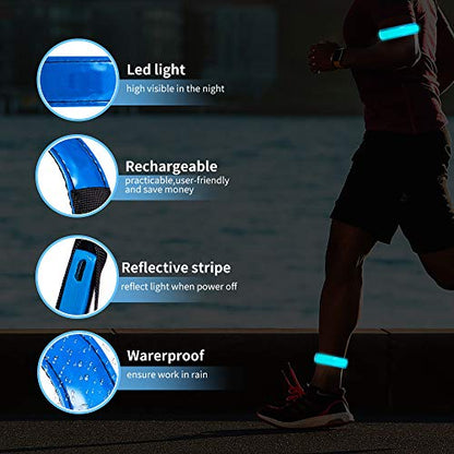 2 Pack Rechargeable LED Reflective Armband, High Brightness High Visibility Night Safety Light Band, Wearable Flashing LED Gear for Running, Walking, Biking and Outdoor Activities - color: blue
