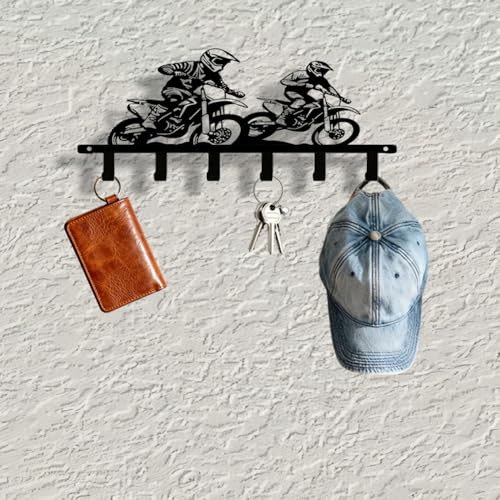 Motocross Dirt Bike 6-Hook Black Metal Entryway Rack, Keys Coats Towels Wall Decor