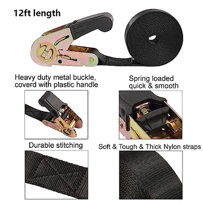 Endless Ratchet Tie Down Straps Heavy Duty Cargo Tie Downs, Sturdy Nylon Black Strap Down Ratcheting Securing Straps, Track Spring Fittings, Tie-Down Motorcycles, Trailer Loads, Kayak - size: 1"x12'-4pcs black