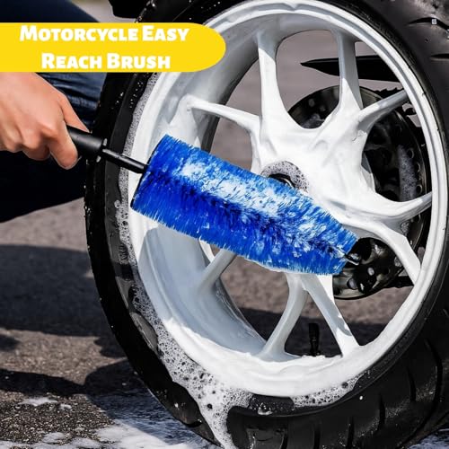 Set of 6 Motorcycle Cleaning Brush Kit, Motorcycle Detailing Wash Kit, Include Easy Reach Brush, Chain, Stiff Tire, Detailing Brush, Wool Wash Mitt, Microfiber Towel for Motorcycle, Bicycle