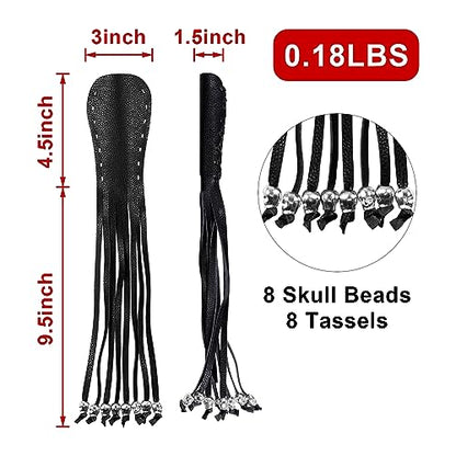 Motorcycle Lever Cover PU Leather Fringed Brake Clutch Covers Universal Grip Tassels Motorcycle Handlebar Covers with Skull Beads - color: Black with Black Strap