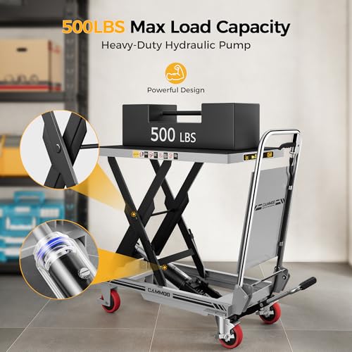 CAMMOO Hydraulic Lift Table Cart, 500lbs Capacity, 28.5" Lifting Height, Single Scissor Lift with Non-Slip Pad & Safety Guard Foldable Handle for Material Handling and Transportation, Gray
